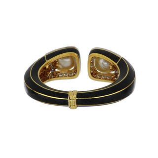 Vintage David Webb Two-Tone Black Enamel, South Sea Pearl & Diamond Hinged Cuff