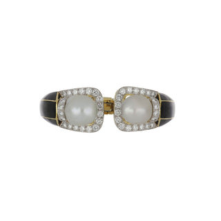 Vintage David Webb Two-Tone Black Enamel, South Sea Pearl & Diamond Hinged Cuff