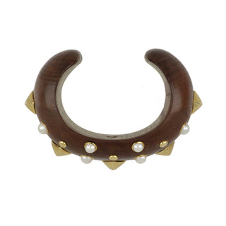 Estate Trianon 18K Gold and Pearl Studded Wooden Cuff Bracelet