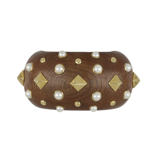 Estate Trianon 18K Gold and Pearl Studded Wooden Cuff Bracelet