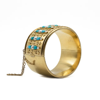 Victorian 18K Gold Pearl & Turquoise Hinged Bangle