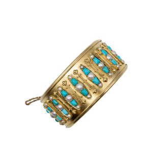 Victorian 18K Gold Pearl & Turquoise Hinged Bangle