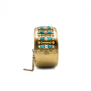 Victorian 18K Gold Pearl & Turquoise Hinged Bangle