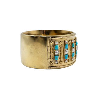 Victorian 18K Gold Pearl & Turquoise Hinged Bangle