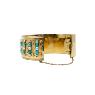 Victorian 18K Gold Pearl & Turquoise Hinged Bangle