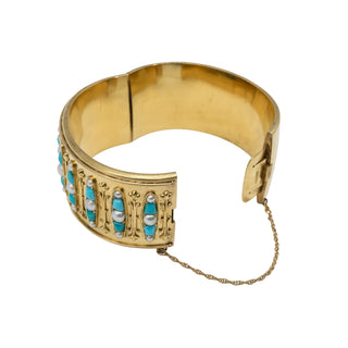 Victorian 18K Gold Pearl & Turquoise Hinged Bangle