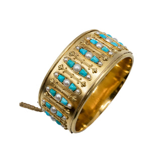 Victorian 18K Gold Pearl & Turquoise Hinged Bangle