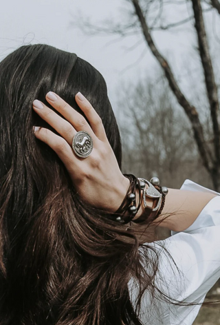 Vincent Peach Sterling Silver Trojan Coin Ring with Diamonds