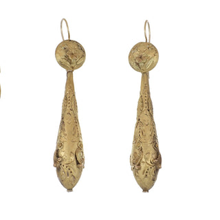 Georgian 18K Gold Textured Overlay Torpedo Drop Earrings