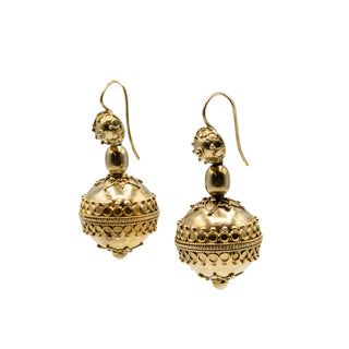 Victorian 18K Gold Etruscan Revival Beaded Drop Earrings