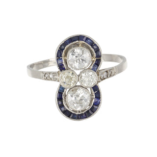 Art Deco Platinum Diamond Twin-Stone Ring with Sapphire Frame