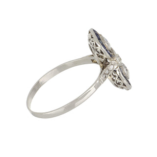 Art Deco Platinum Diamond Twin-Stone Ring with Sapphire Frame