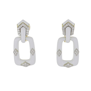 Estate David Webb Two-Tone White Enamel & Diamond Rectangular Hoop Earrings