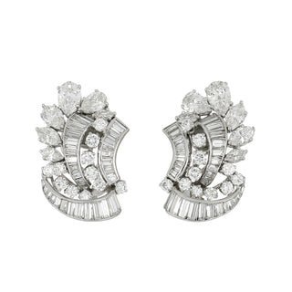 Mid-Century Platinum Diamond Cluster Scroll Earrings