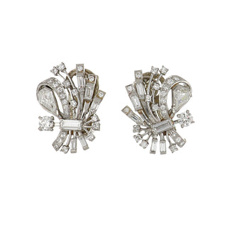 Art Deco 10K Gold & Platinum Diamond Bouquet Clip Earrings
