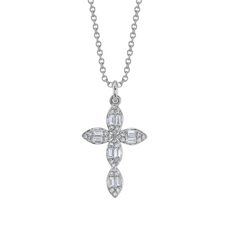 Shy Creation 14K White Gold Baguette-Cut Diamond Cross Necklace