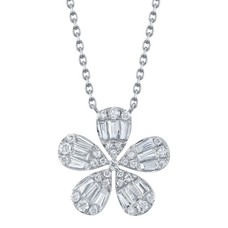 Shy Creation 14K White Gold Baguette-Cut Diamond Flower Necklace