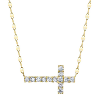 Shy Creation 14K Gold Diamond Sideway Cross Pendant Necklace