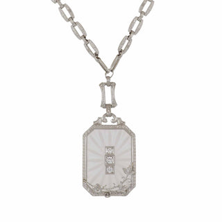 Art Deco 14K White Gold Carved Rock Crystal & Diamond Pendant Necklace