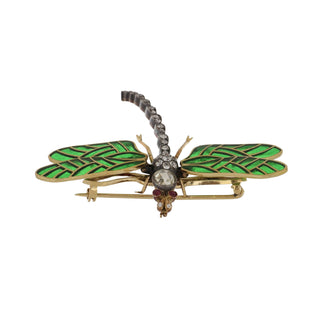 Important French Art Nouveau Gemset Plique-a-Jour Enamel Dragonfly Brooch