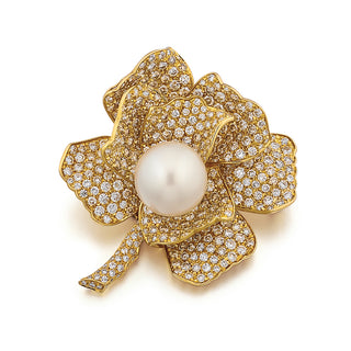 Vintage Tallarico 18K Gold Diamond Flower Brooch with Removable Pearl