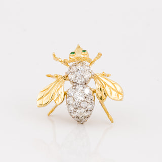 Mid-Century 18K Diamond Bee Pin with Emerald Eyes