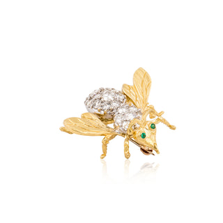 Mid-Century 18K Diamond Bee Pin with Emerald Eyes