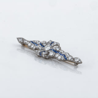 Art Deco Two-Tone Diamond Bar Pin with Sapphires