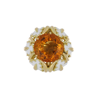 Vintage David Webb 18K Gold Citrine Ring with White Enamel Leaves