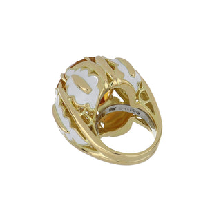 Vintage David Webb 18K Gold Citrine Ring with White Enamel Leaves