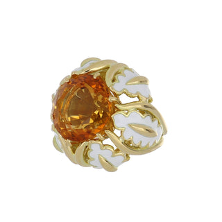 Vintage David Webb 18K Gold Citrine Ring with White Enamel Leaves