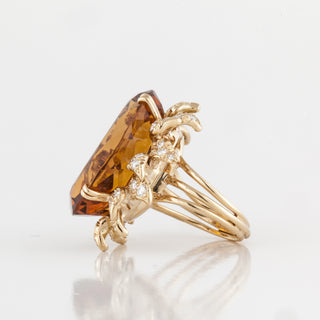 Vintage Julius Cohen 18K Gold Citrine Ring with Diamond Petal Halo
