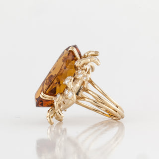 Vintage Julius Cohen 18K Gold Citrine Ring with Diamond Petal Halo