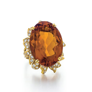 Vintage Julius Cohen 18K Gold Citrine Ring with Diamond Petal Halo