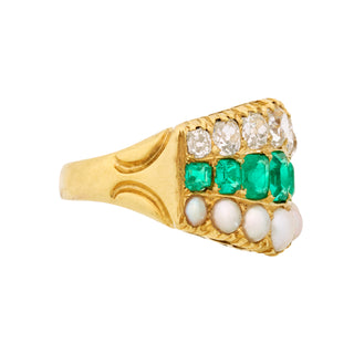Victorian 18K Gold Emerald, Diamond and Split Pearl Ring