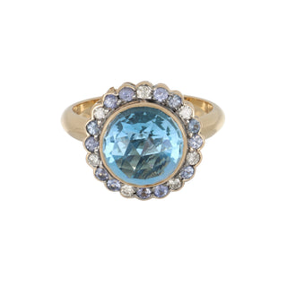 Estate 18K Rose Gold London Blue Topaz Ring with Sapphires and Diamonds