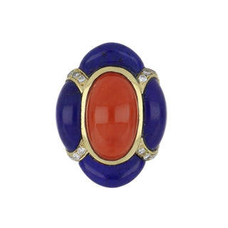 Mid-Century Coral & Lapis Life Raft Ring with Diamonds