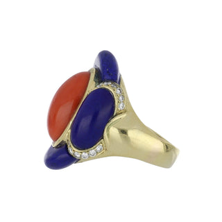 Mid-Century Coral & Lapis Life Raft Ring with Diamonds