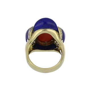 Mid-Century Coral & Lapis Life Raft Ring with Diamonds