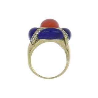 Mid-Century Coral & Lapis Life Raft Ring with Diamonds