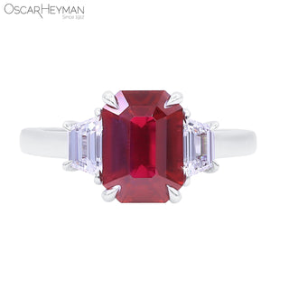 Oscar Heyman Platinum Pigeon Blood Ruby Three-Stone Ring with Diamonds