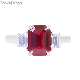 Oscar Heyman Platinum Pigeon Blood Ruby Three-Stone Ring with Diamonds