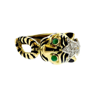 Estate David Webb Two-Tone Enamel Tiger Ring with Emeralds & Diamonds