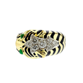 Estate David Webb Two-Tone Enamel Tiger Ring with Emeralds & Diamonds