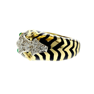 Estate David Webb Two-Tone Enamel Tiger Ring with Emeralds & Diamonds