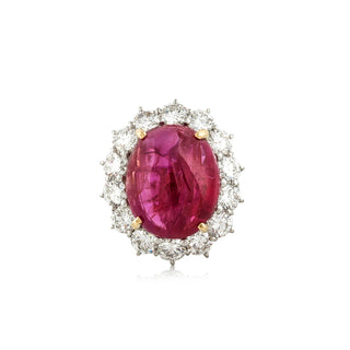 Estate Two-Tone No Heat Burmese Cabochon Ruby & Diamond Cluster Ring