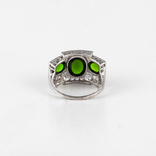 Art Deco Platinum Cabochon Chrome Diopside 3 Stone Ring with Diamonds