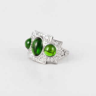 Art Deco Platinum Cabochon Chrome Diopside 3 Stone Ring with Diamonds
