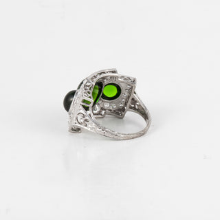 Art Deco Platinum Cabochon Chrome Diopside 3 Stone Ring with Diamonds