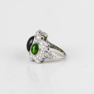 Art Deco Platinum Cabochon Chrome Diopside 3 Stone Ring with Diamonds